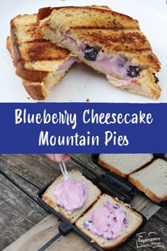 blueberry cheesecake mountain pie is cut in half and served on toasted bread