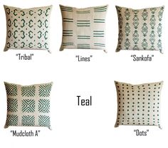 four pillows with different designs on them and the words bronze brown in white letters below