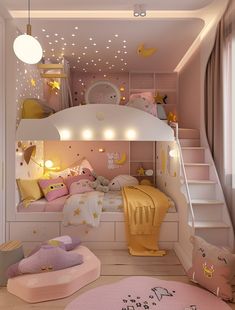 a child's bedroom decorated in pink and yellow with stars on the ceiling, stairs to the second floor