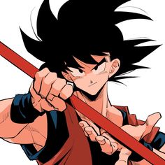 an anime character with black hair holding two red sticks in his hand and pointing at the camera