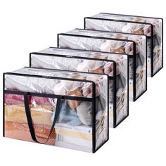 four clear bags with black handles are stacked on top of each other and one is filled with food