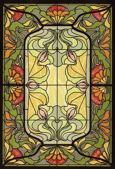 a stained glass window with flowers and leaves in the center, on a black background