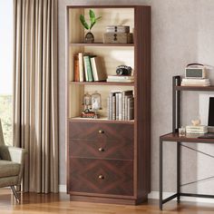 a room with a chair, desk and bookshelf on the floor next to a window