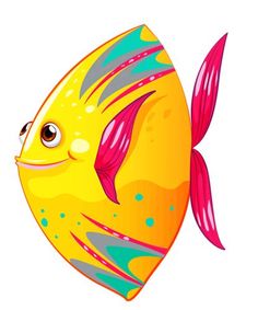 a cartoon yellow fish with pink and blue stripes on it's face stock photo