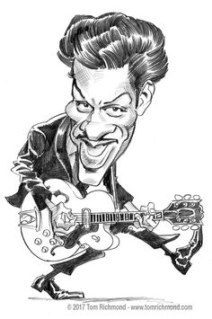 a caricature drawing of a man holding a guitar