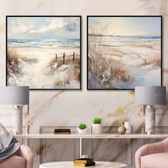 there are two paintings on the wall in this living room, one is white and the other is pink