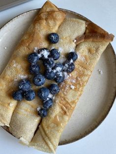 some blueberries and pancakes are on a plate next to a laptop computer with a keyboard in the background