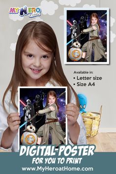 Turn your girl into the amazing Jedi Rey to be the star of her Custom Jedi Rey Poster, Star Wars decor, Star Wars Wall decor, Star Wars backdrop, my kid as Jedi Rey, Star Wars Party Decor, Jedi Rey Art, Jedi Rey Decor, Jedi Rey Wall, Jedi Rey Party, Jedi Rey Birthday, Jedi Rey Digital. Also in Etsy www.myheroathome.etsy.com #JediReyPoster #JediReyDecor #JediReyWall #JediReyRoom #JediReyParty #JediReyDigital #myheroathome Star Wars Backdrop, Girls Star Wars Party, Darth Vader Party, Bumblebee Decor, Star Wars Wall Decor, Rey Art, Star Wars Wall, Star Wars Theme Party, Star Wars Invitations