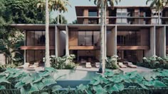 an artist's rendering of a house with palm trees in the foreground and pool