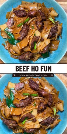 two plates filled with beef and noodles on top of a wooden table next to each other