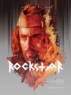 the poster for rock star, featuring a man's face and flames in his hair