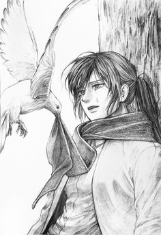 a pencil drawing of a girl with a bird on her shoulder and a tree in the background