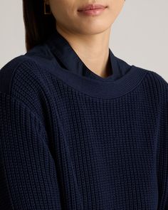 You loved our 100% Organic Cotton Fisherman Crew, so we put a fresh spin on it with the 100% Organic Cotton Fisherman Boatneck Sweater. The intricate fisherman knit adds a touch of timeless sophistication, while the wide boatneck enhances your neckline with a subtle, graceful charm. Crafted from super-soft organic cotton in a wide ribbed knit, it's comfy and made to last.  | Quince | Women's Fisherman Boatneck Sweater in Navy, Size Medium, Organic Cotton Country Dresses, Dark Sapphire, Jenni Kayne, Boatneck Sweater, Organic Fabrics, Knit Shirt, New Arrival Dress, Quince, Boat Neck