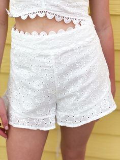 Embroidery Eyelet Shorts - Shop Amour Boutique White Cotton Bottoms With Eyelet Details, White Bottoms With Cutwork Hem For Summer, Casual Spring Bottoms With Cutwork Hem, Casual Summer Bottoms With Cutwork Hem, Casual Summer Shorts With Crochet Trim, Crochet Trim Shorts For Summer Vacation, Summer Vacation Crochet Trim Shorts, Spring Cotton Shorts With Lace Trim, Spring Cotton Bottoms With Broderie Anglaise