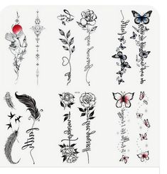 various tattoo designs on white paper with red and black butterflies, roses, and leaves