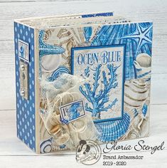 an open blue box with seashells on it