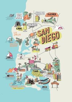 an illustrated map of san diego, california with many different things to see and do