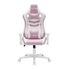 a pink and white office chair with the word techen on it's back