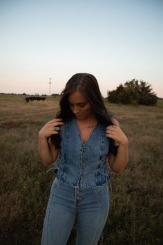 This top is great for country concerts. We love a jean on jean moment. Jean On Jean, Jean Vest, Country Concerts, Jacket Vest, Western Outfits, Denim Vest, Dream Wardrobe, Love A, Western Fashion