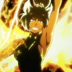 an anime character holding her arms up in the air with fire and flames behind her