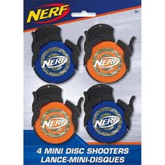 four nerf mini disc shooters with orange, blue and black discs on the front