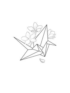 Geometric Flower Drawing, Line Work Tattoo Design, Tattoo Line Work, Tattoo Japonais, Paper Crane Tattoo, Origami Tattoo, Crane Tattoo, Flower Line Drawings, Geniale Tattoos