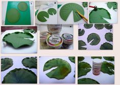 the process of making green leaf shaped paper flowers and leaves with glue on them is shown