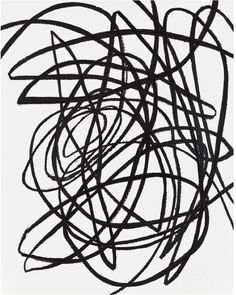 an abstract black and white painting with lines in the shape of spirals on a white background