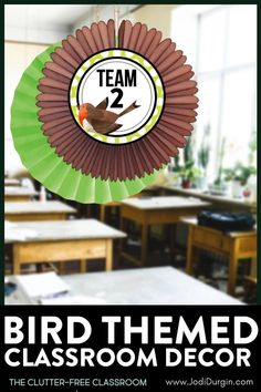 bird themed classroom decor hanging from the ceiling