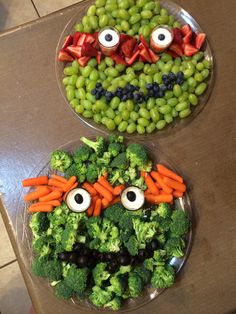 two plates with vegetables and eyes on them