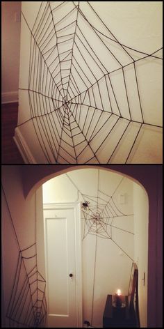 two pictures of a spider web on the wall