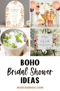 boho bridal shower ideas with text overlay that reads boho bridal shower ideas