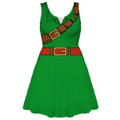 a women's green dress with red belt and buckles