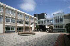 an empty courtyard in front of a building with many windows and plants on the ground