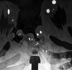 a man standing in front of a bunch of demonic looking monsters on a dark background