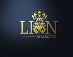 the lion real estate logo is shown on a dark blue background with gold foiling