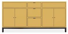 a yellow cabinet with black handles and drawers on the bottom, against a white background