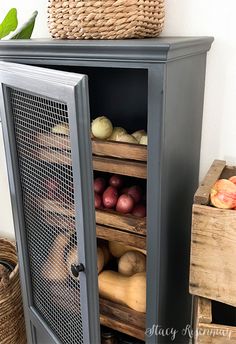 an old cabinet with some vegetables in it