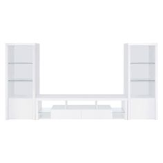 a white entertainment center with glass doors and shelves on each side, in front of a white background