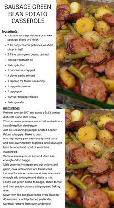 sausage and bean potato casserole is shown in two separate images, with instructions