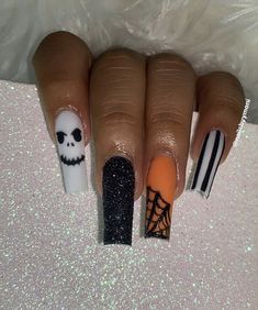 Orange Black And White Nails Halloween, Orange Acyrilics Nails, Short Spooky Nails Acrylic, Spooky Halloween Nails Acrylic, Halloween Character Nails, Halloween Nails Long, Pink Spooky Nails, Halloween Nails Square, Tie And Dye Dress