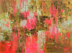 an abstract painting with pink and green colors