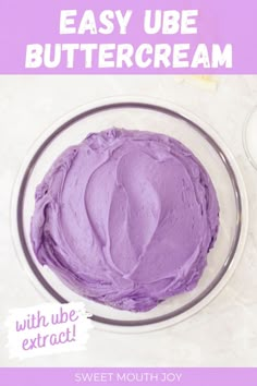 a bowl filled with purple butter sitting on top of a table