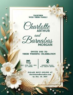 an elegant wedding card with flowers and leaves on the front, in white and green