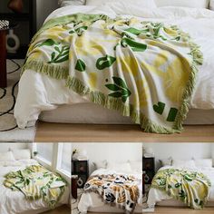 three pictures of a bed with white sheets and yellow flowers on it, one has a green leafy blanket