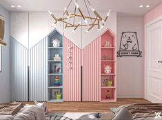 a child's bedroom with pink and white walls, bookshelves and shelves