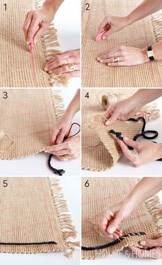 the steps to make a rug with yarn and scissors are shown in four different ways