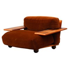 a brown chair with two wooden legs and a foot rest on it's back