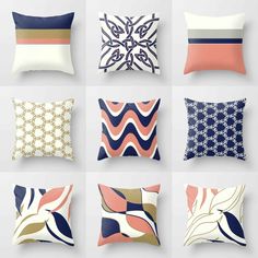 six pillows with different designs on them, all in various colors and sizes are shown