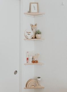 three wooden shelves on the wall with plants and other items in front of them, along with an open door